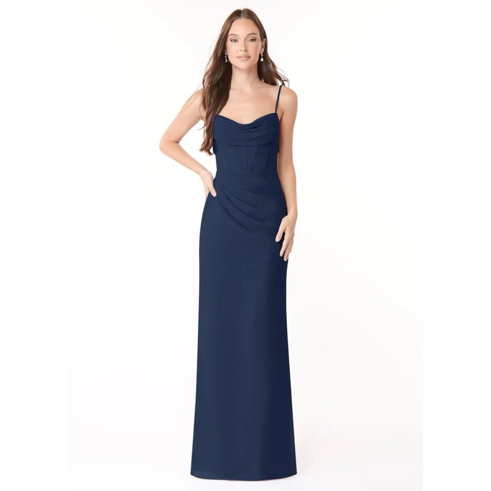 Azazie Mai Dark Navy Bridesmaid Dress US‎ 10 A10 Ruched Chiffon Maxi Gown